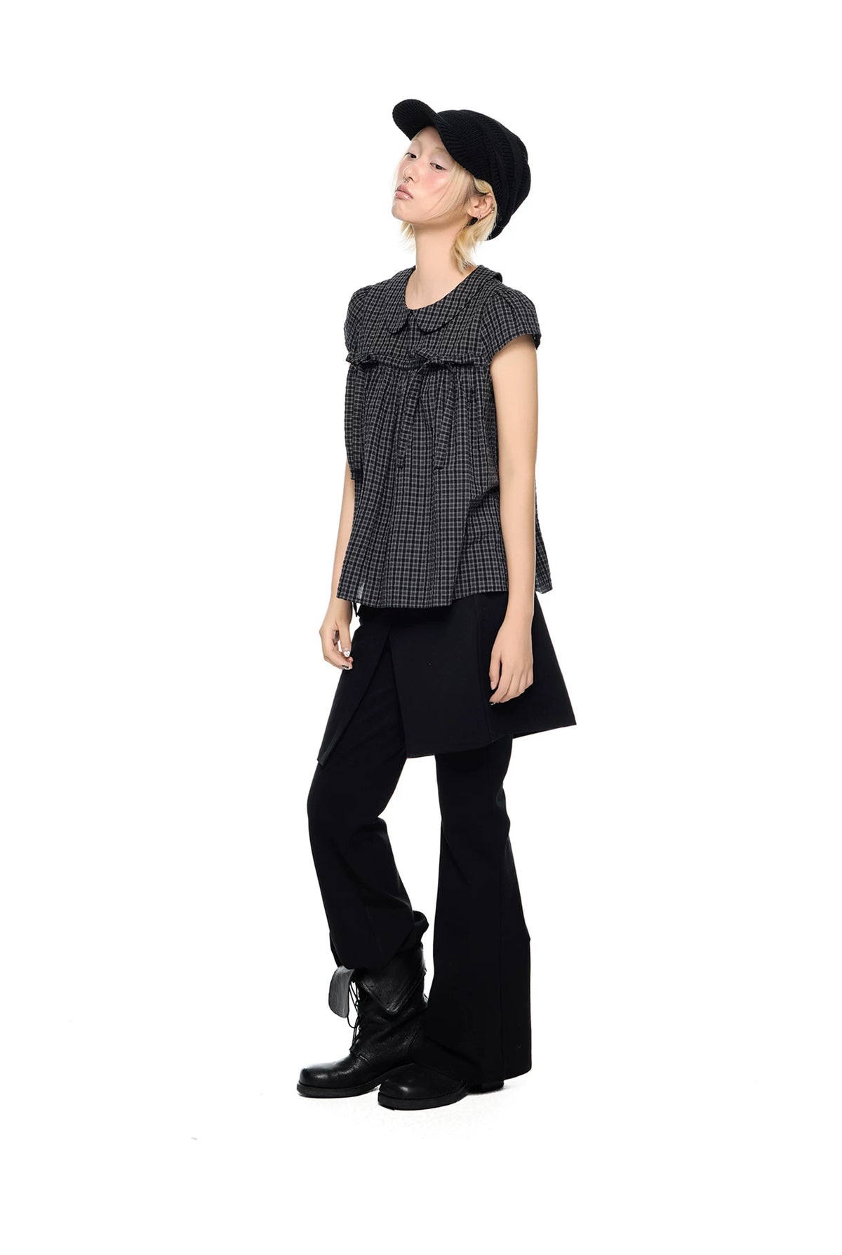 EZEK | Peter Pan Collar Gingham Shirt with Bubble Sleeves