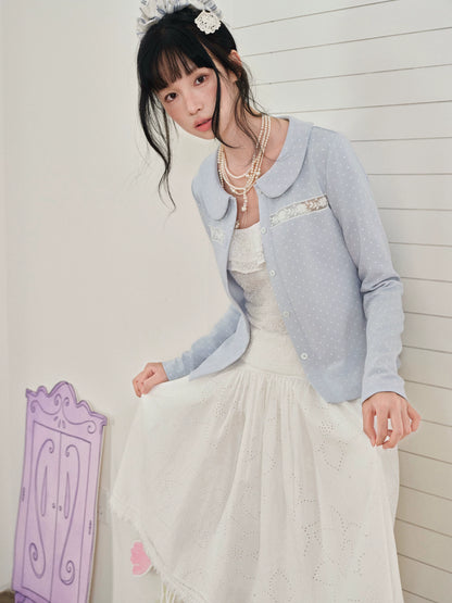 DAILY ARTIST - Light Blue Polka-Dot Peter Pan Collar Cardigan & Lace Cami Set
