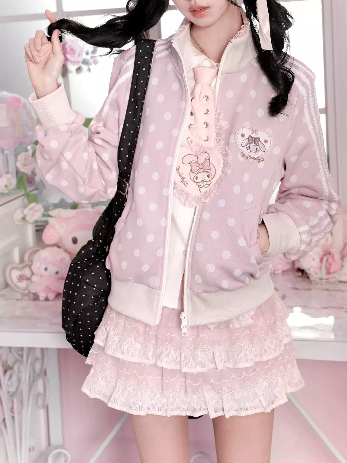 KYOUKO - My Melody Misty Pink Polka Dot Jacket, Gray Bloomers and Pink Lace Skirt Set