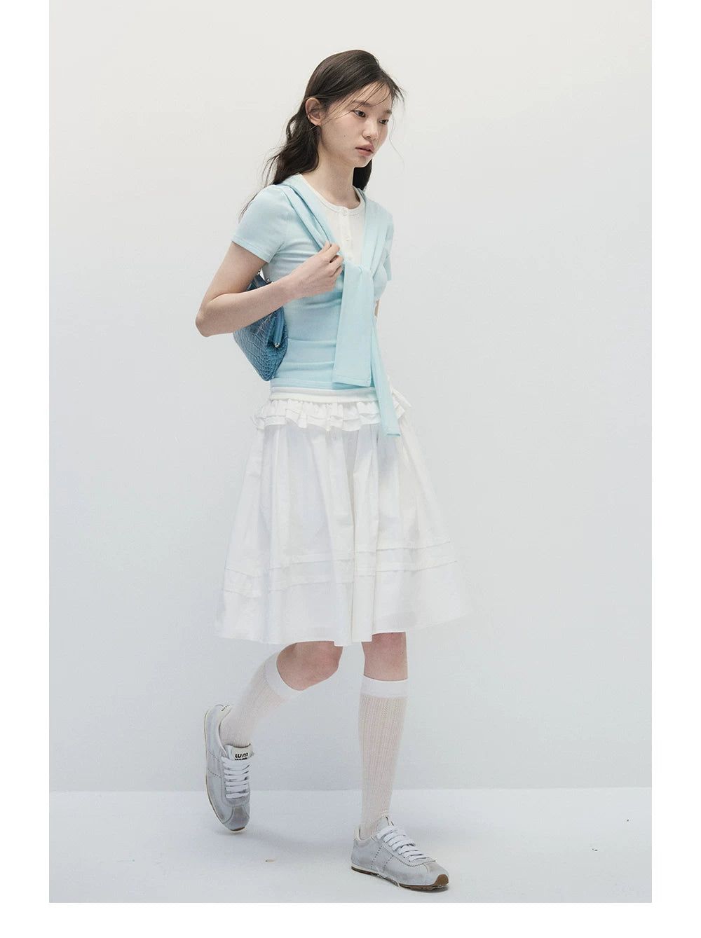 Mint Blue Faux Two-Piece Top & White A-Line Midi Skirt Set