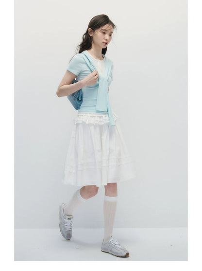 Mint Blue Faux Two-Piece Top & White A-Line Midi Skirt Set