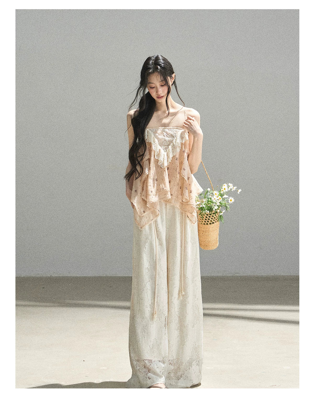 "Orange-Scented Dusk" Toasted Rice Beige Asymmetrical Lace Cami