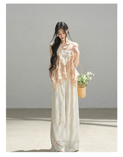 "Orange-Scented Dusk" Toasted Rice Beige Asymmetrical Lace Cami