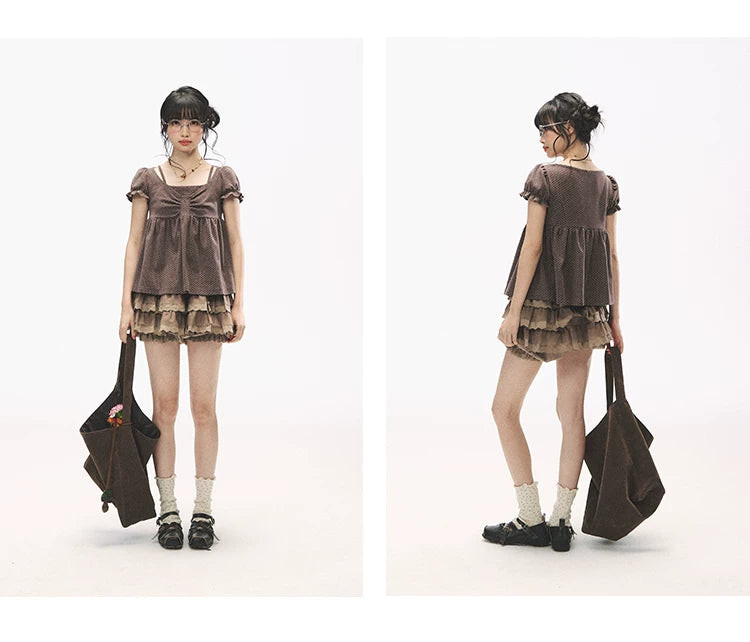 "Sweetheart Crew" Polka Dot Faux Two-Piece Bow Knit Short Sleeve Top