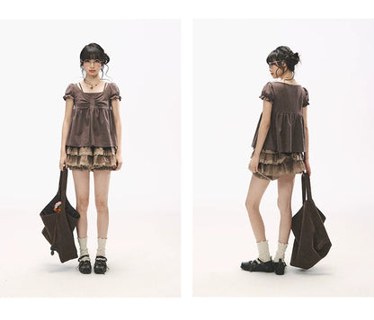 "Sweetheart Crew" Polka Dot Faux Two-Piece Bow Knit Short Sleeve Top