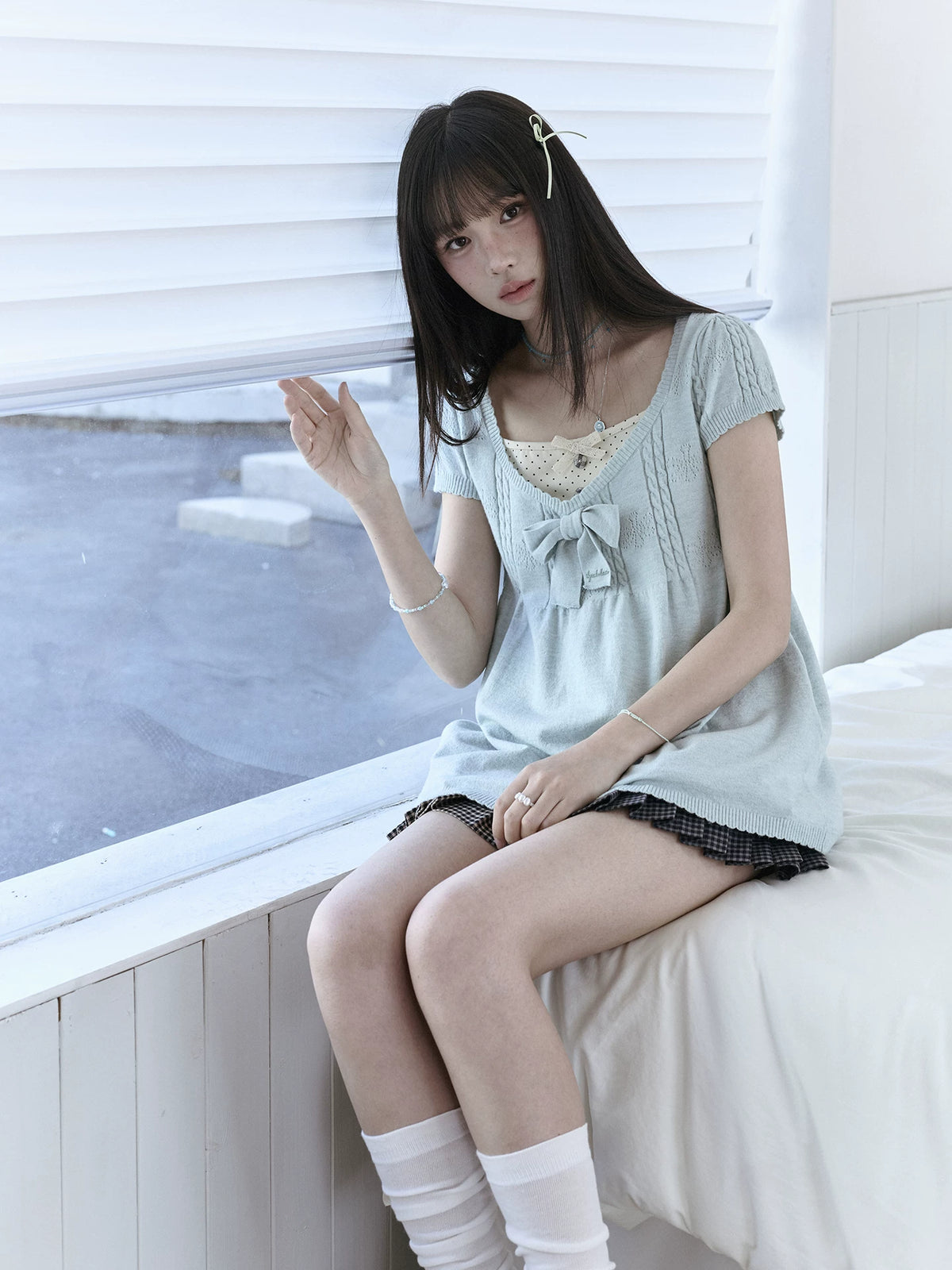 "Daisy Mist" Layered Polka Dot Collection (Mint Green Knit Top / Beige Cami / Polka Dot Overlay / Denim Pleated Skirt)