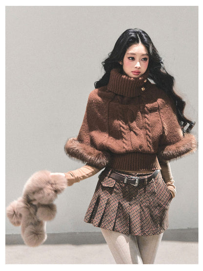 少也眼 “Only She Remains Awake" Brown Mohair High-Neck Knit Sweater (with detachable faux fur)