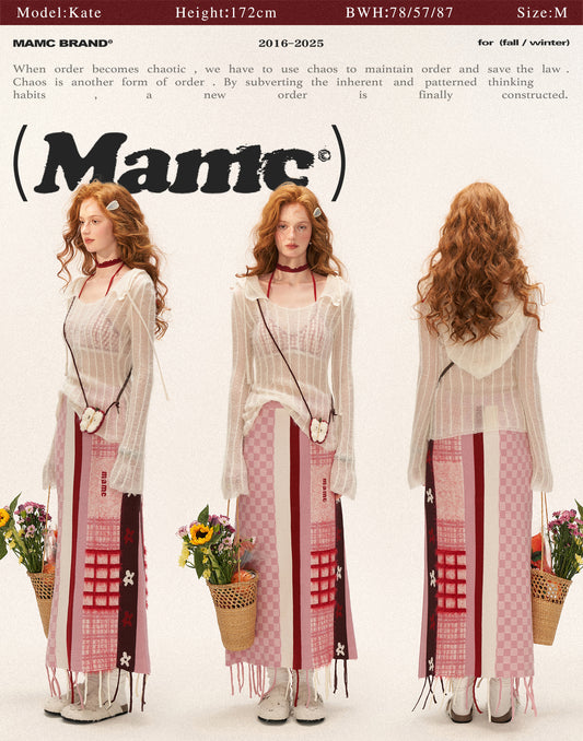 MAMC - Pink Patchwork Fringe Floral Plaid Skirt WE826