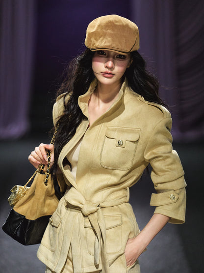 "Golden Dune" Khaki Faux Suede Jacket & Tailored Shorts Set