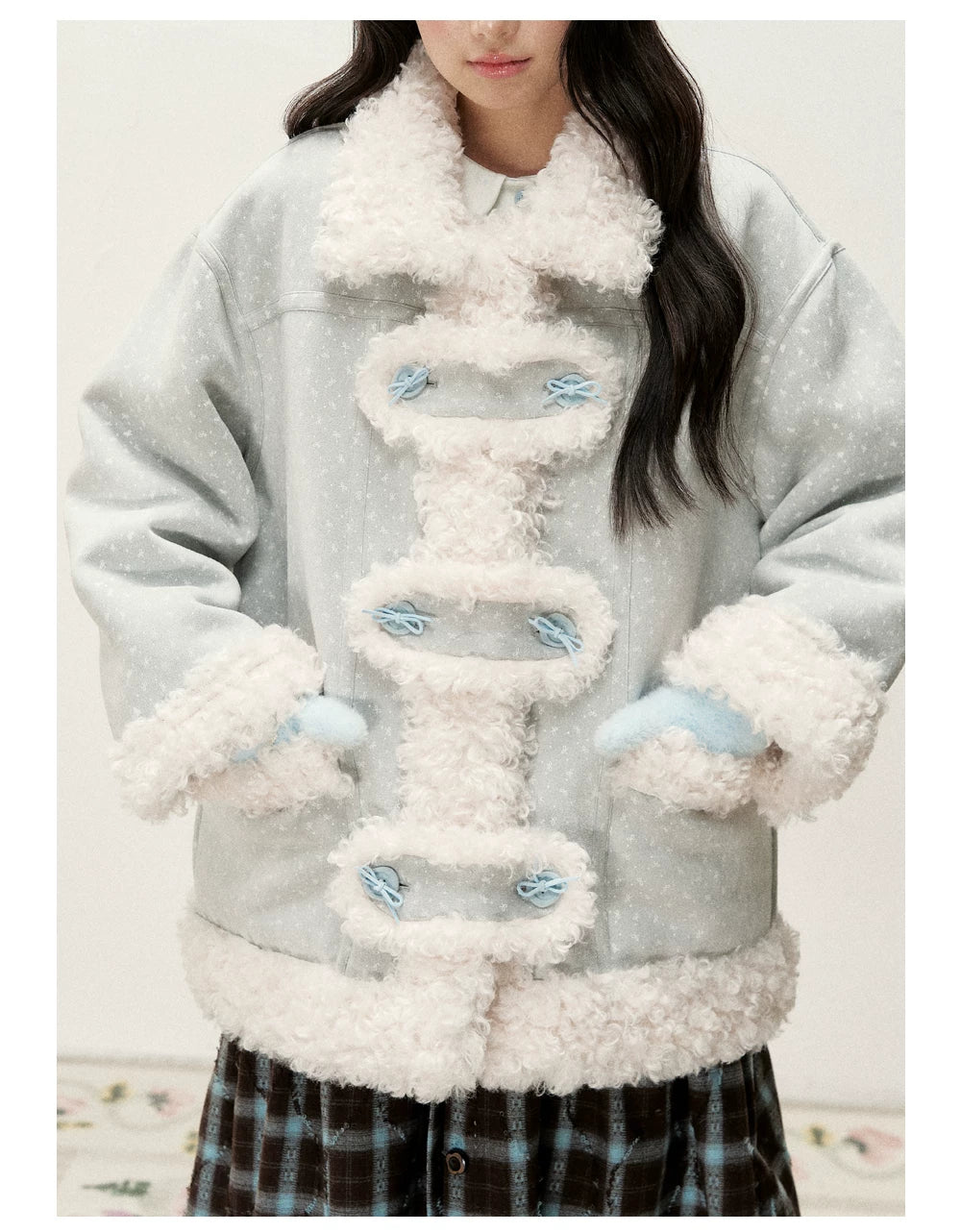 RF - Mist Blue Bow Print Suede-Look Jacket with Cream Curly Faux Fur Trim