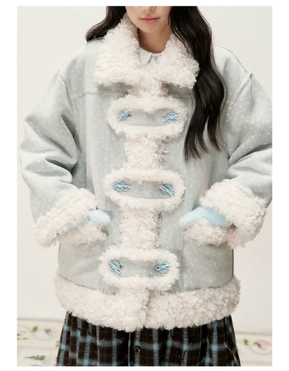 RF - Mist Blue Bow Print Suede-Look Jacket with Cream Curly Faux Fur Trim