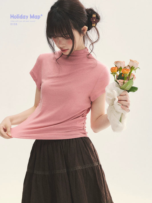 "Rose Haze" Dusty Pink Mock Neck Ruched Puff Sleeve Top