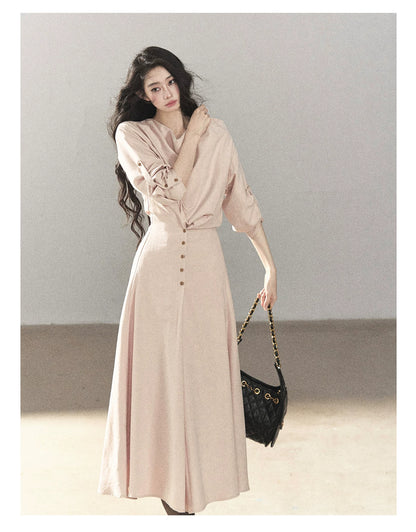 AOMALM - Cinnamon Pink Draped-Neck A-Line Maxi Dress