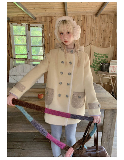 RF - Cream Yellow Hooded Wool-Blend Coat with Polka Dot Pockets