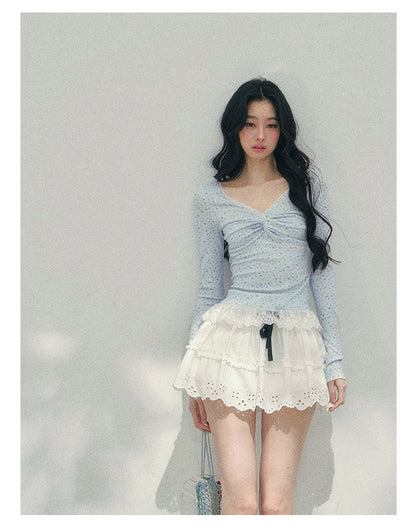 少也眼 "Heartbeat Pause" Baby Blue Back Lace Cut-Out Top 53685634