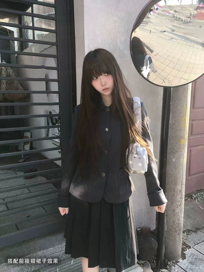 "Grey Finch" Gray Korean Preppy Suit Collection (Blazer / T-Shirt / Box Pleated Skirt)