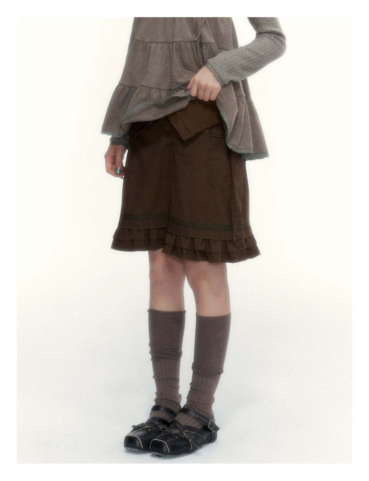 “Wild Caramel” Brown Washed Layered Ruffle Bow Pocket A-Line Skirt