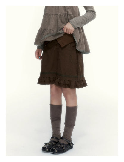 “Wild Caramel” Brown Washed Layered Ruffle Bow Pocket A-Line Skirt