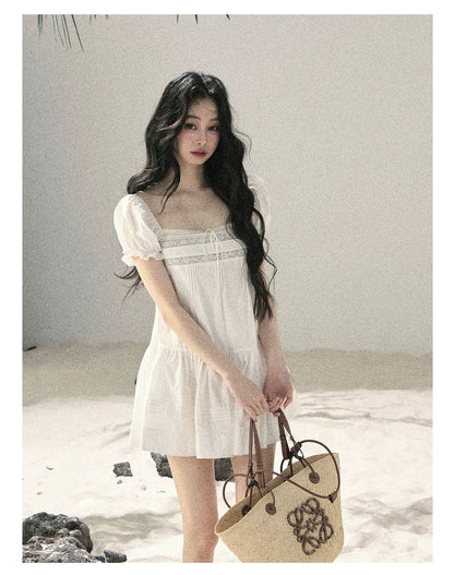 "Light as a Cloud" Frost White Puff Sleeve Lace Babydoll Mini Dress