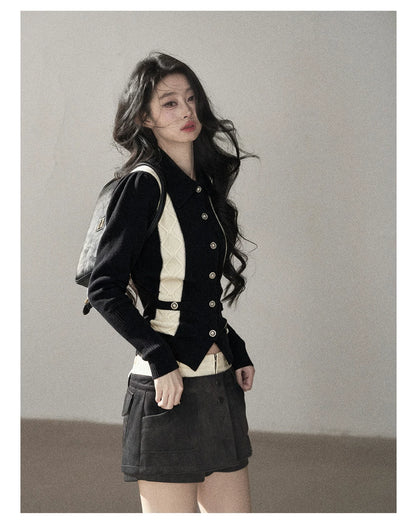 AOMALM - "Nocturne of Pine & Cypress" Black & White Contrast Knit Cardigan with Notched Collar
