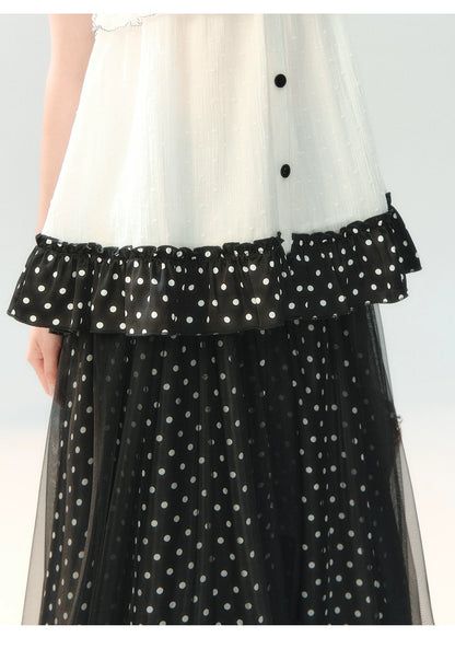 "Midnight Sweet Isle" Black Polka Dot Lace Two-Piece Skirt Set LL2026208
