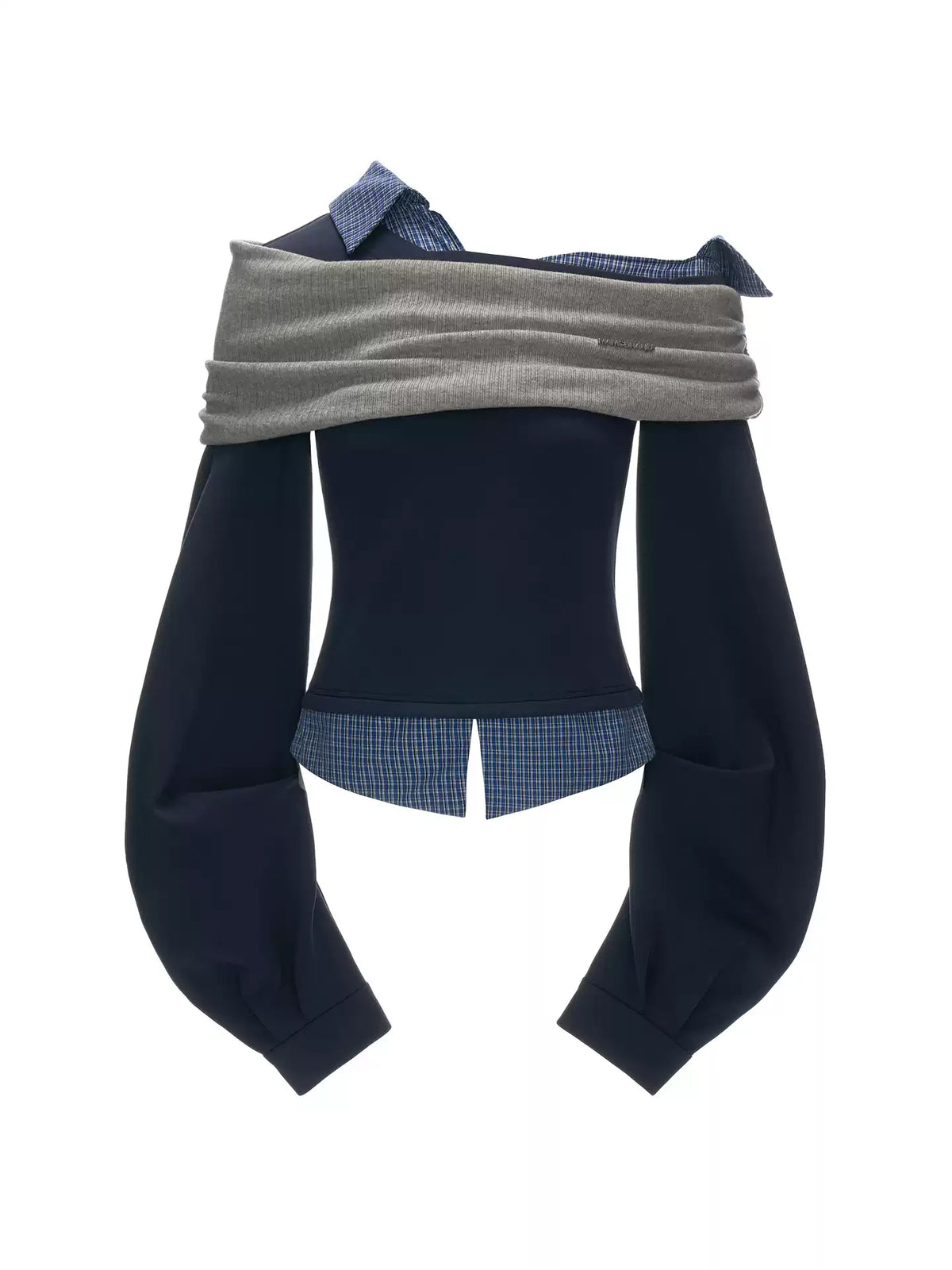 MAMC - Deconstructed Gingham Sweatshirt with Off-Shoulder Ruched Detail