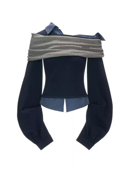 MAMC - Deconstructed Gingham Sweatshirt with Off-Shoulder Ruched Detail
