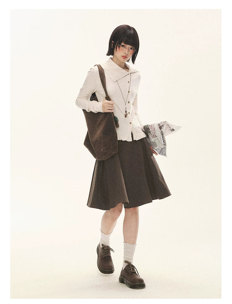 "Cotton Ruffle" Tea Apricot Asymmetric Knit Cardigan