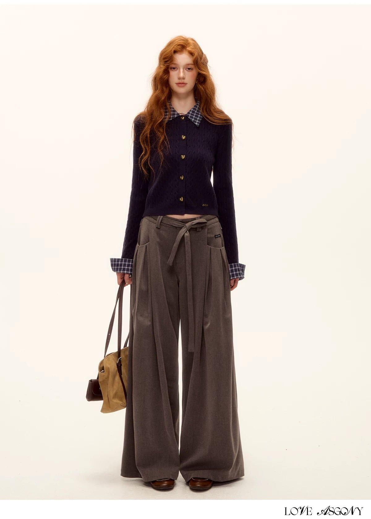 ASGONY - Pleated Wide-Leg Trousers with Detachable Tie (Gray / Brown)