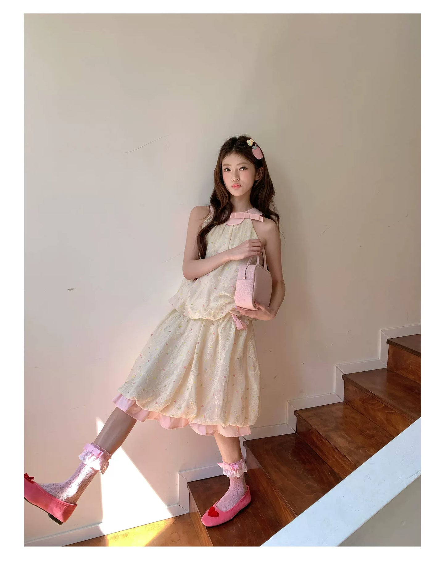 “Peach Cream Brioche” Cream Apricot Floral Bubble Skirt Set