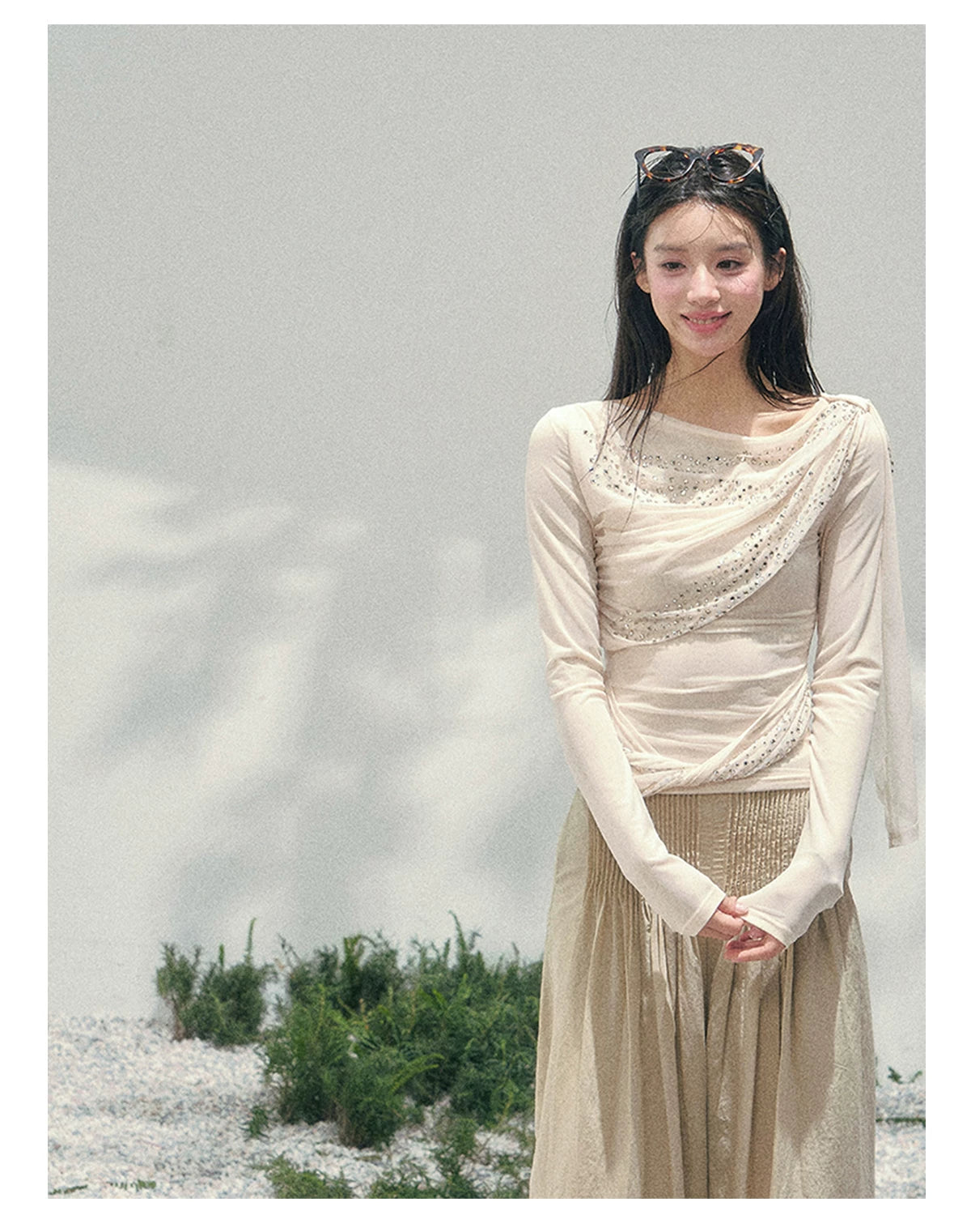 “Frosted Kiss” Milk Apricot Mesh Waist-Cinched Top