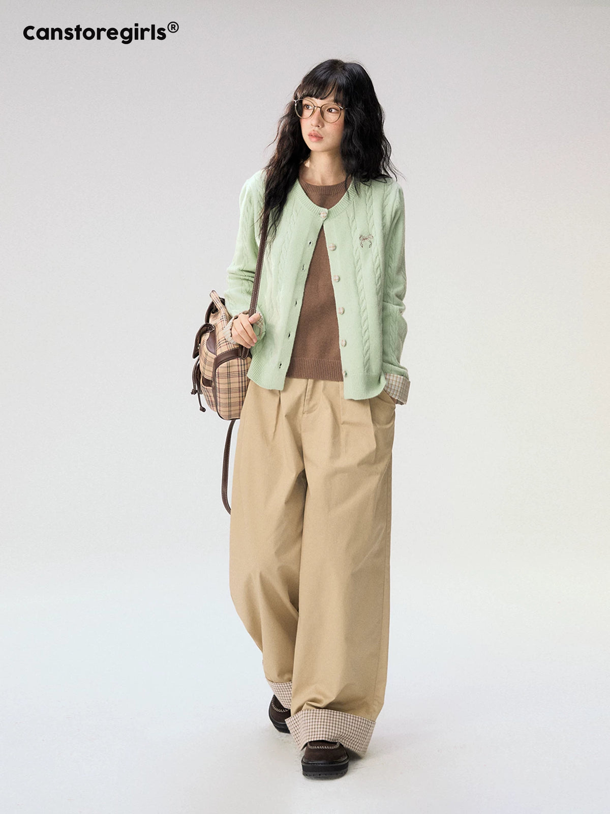 [CAN] "Strawberry Toast" Khaki Plaid Cuff Wide-Leg Pants
