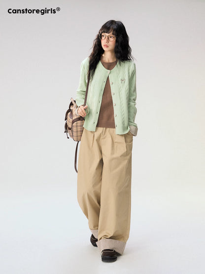 [CAN] "Strawberry Toast" Khaki Plaid Cuff Wide-Leg Pants