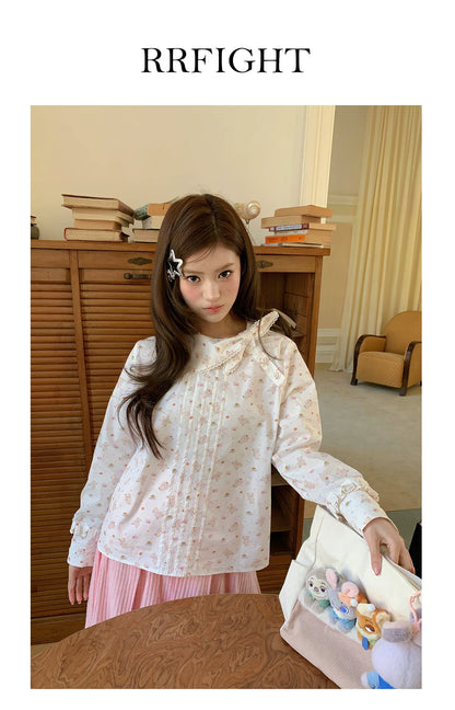 “Pudding Bear Letter” White Teddy Print Lace Blouse