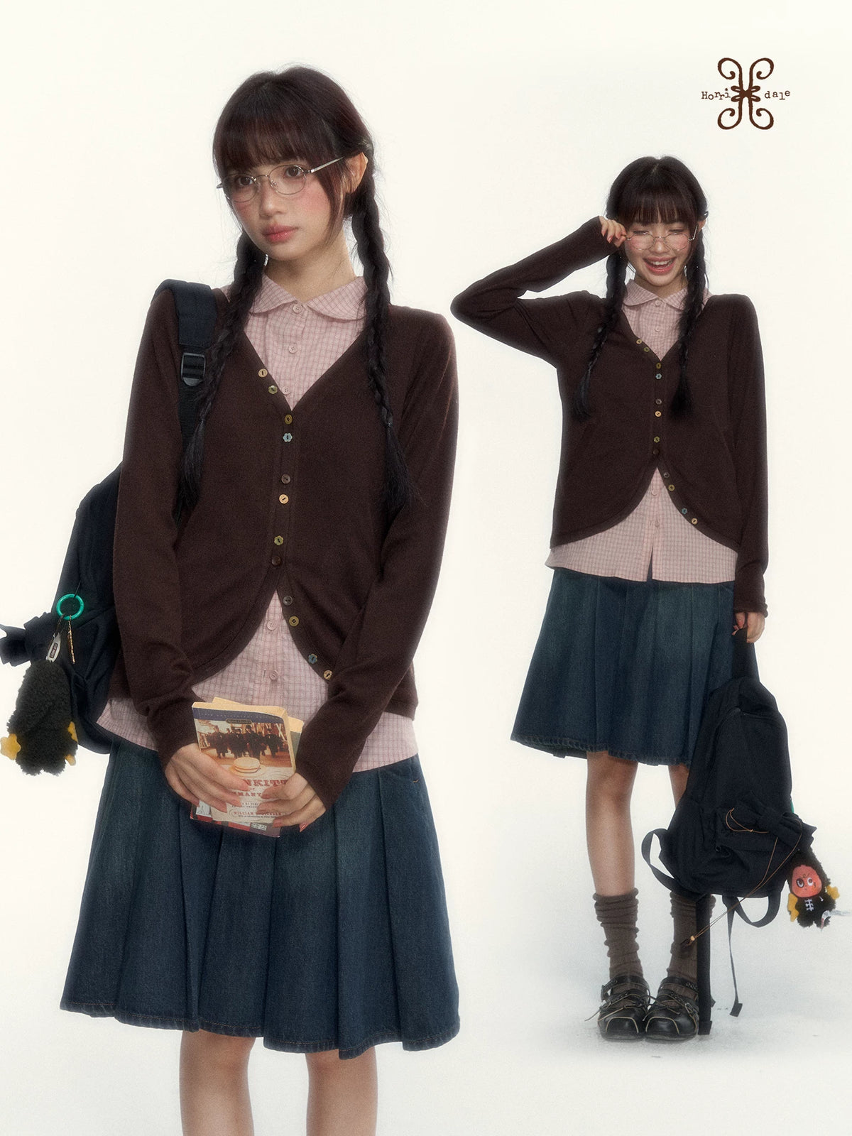 “Chestnut Book Knit” Red Brown Faux-Layered Colorful Button Cardigan