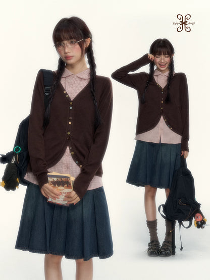 “Chestnut Book Knit” Red Brown Faux-Layered Colorful Button Cardigan