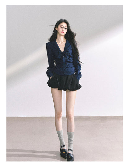 少也眼 "K-Drama White Moonlight" Soft Sophisticate Blouse - Navy Blue 486864