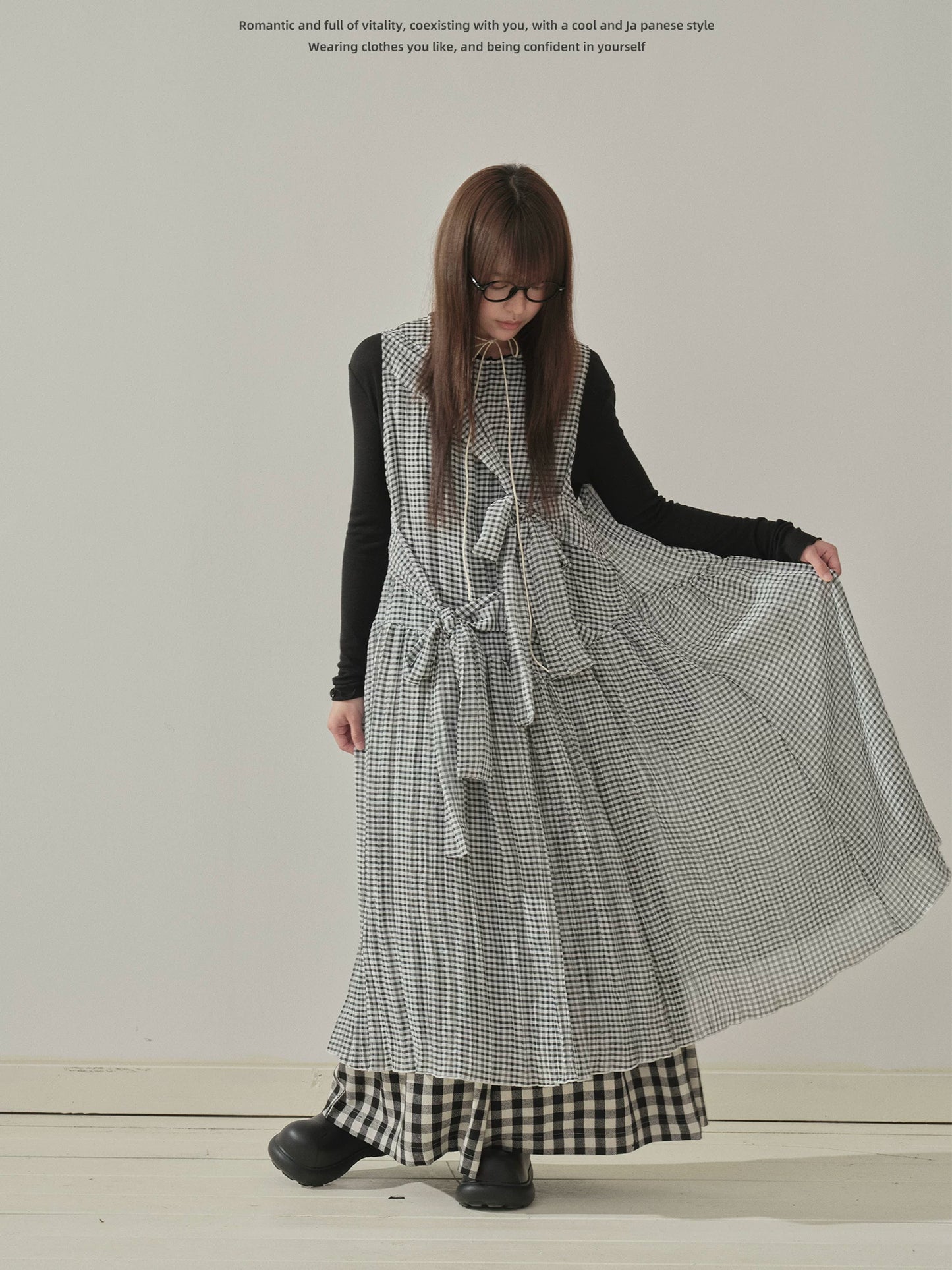 "Heritage Ribbon" Black & White Plaid Plaid Bow Maxi Dress