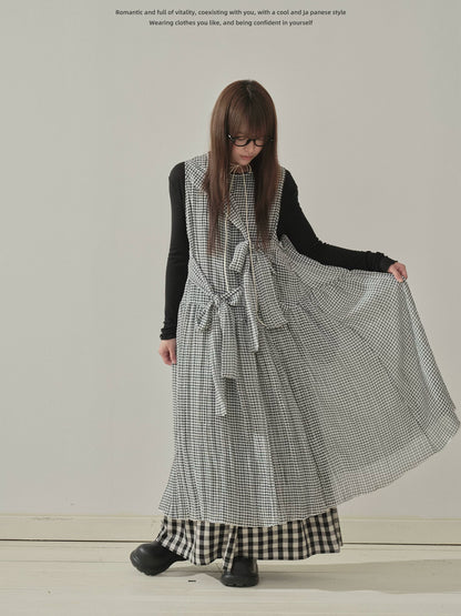 "Heritage Ribbon" Black & White Plaid Plaid Bow Maxi Dress