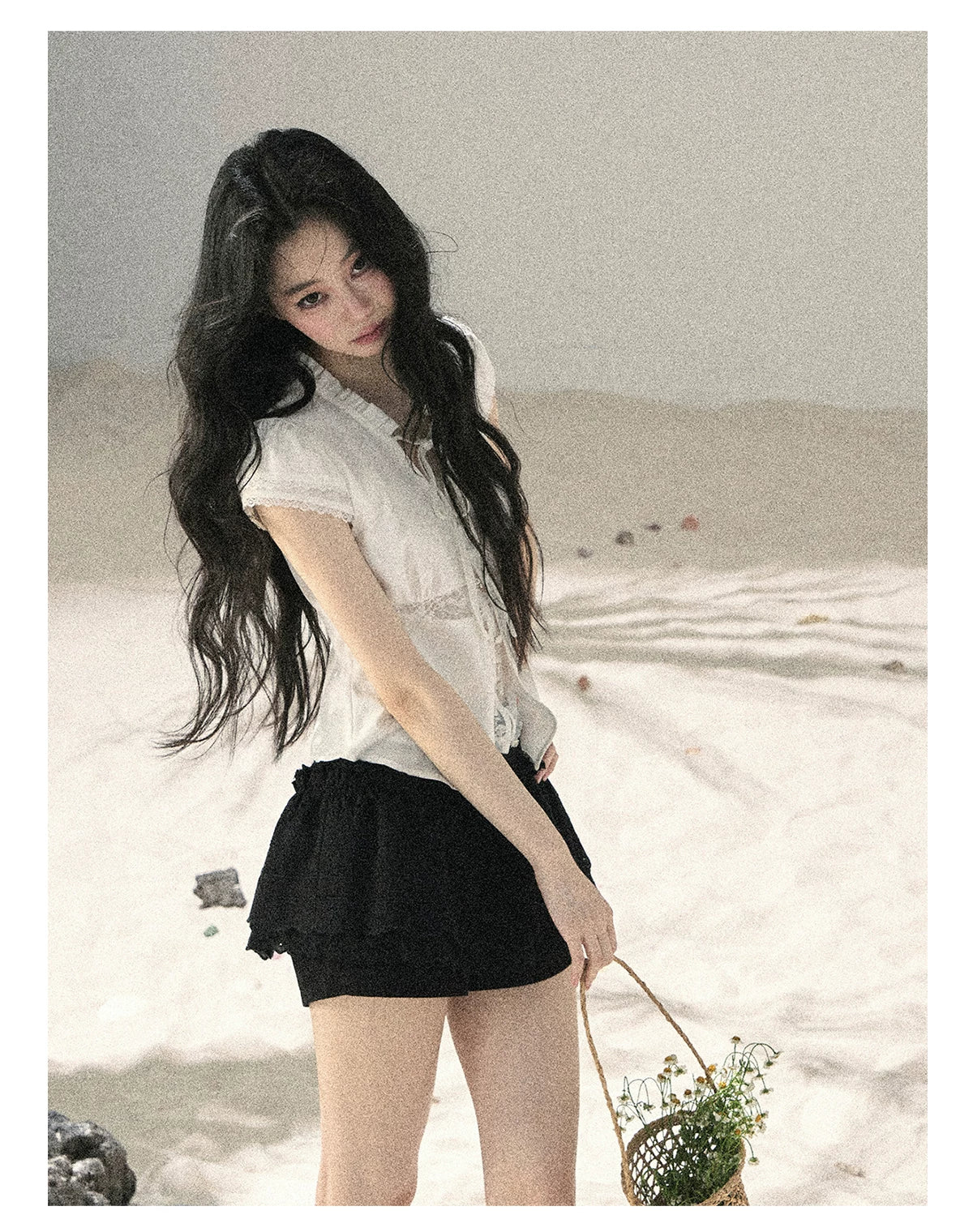 "Lace Between the Lines" Frost White Faux-Layer Cropped Shirt