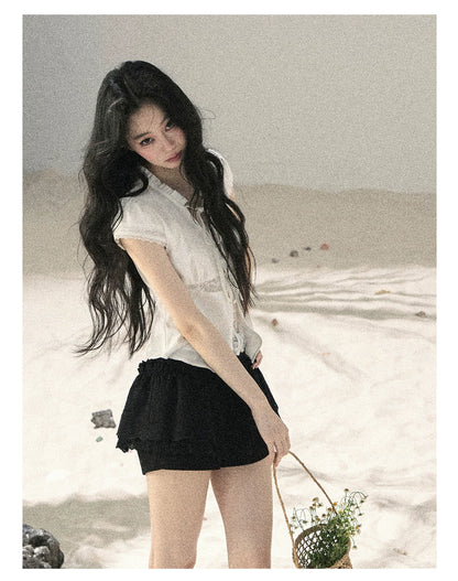 "Lace Between the Lines" Frost White Faux-Layer Cropped Shirt