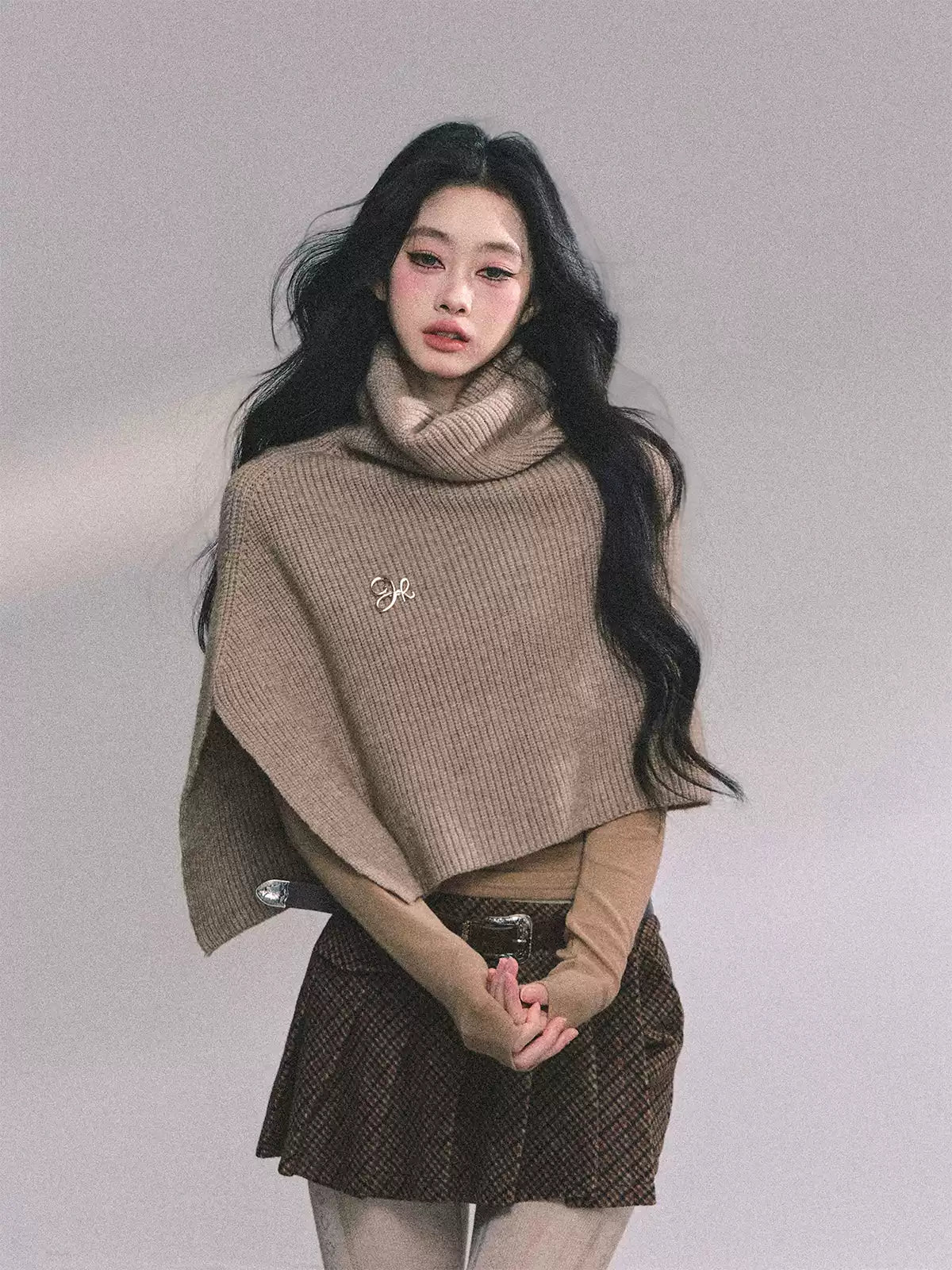 少也眼 Korean Style Loose Turtleneck Knit Cape