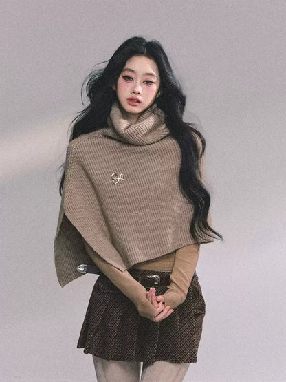 少也眼 Korean Style Loose Turtleneck Knit Cape