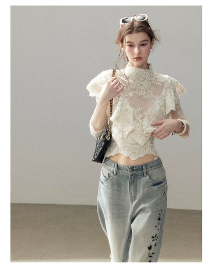 "Translucent Bloom" Dutch Cheese Lace Cropped Top