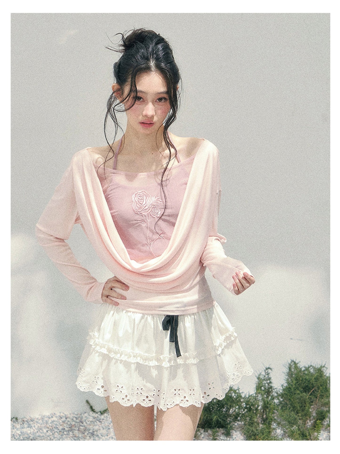 少也眼 “Summer Bloom Sequence” Cinnamon Pink Lyocell Two-Piece Overlay Set 140