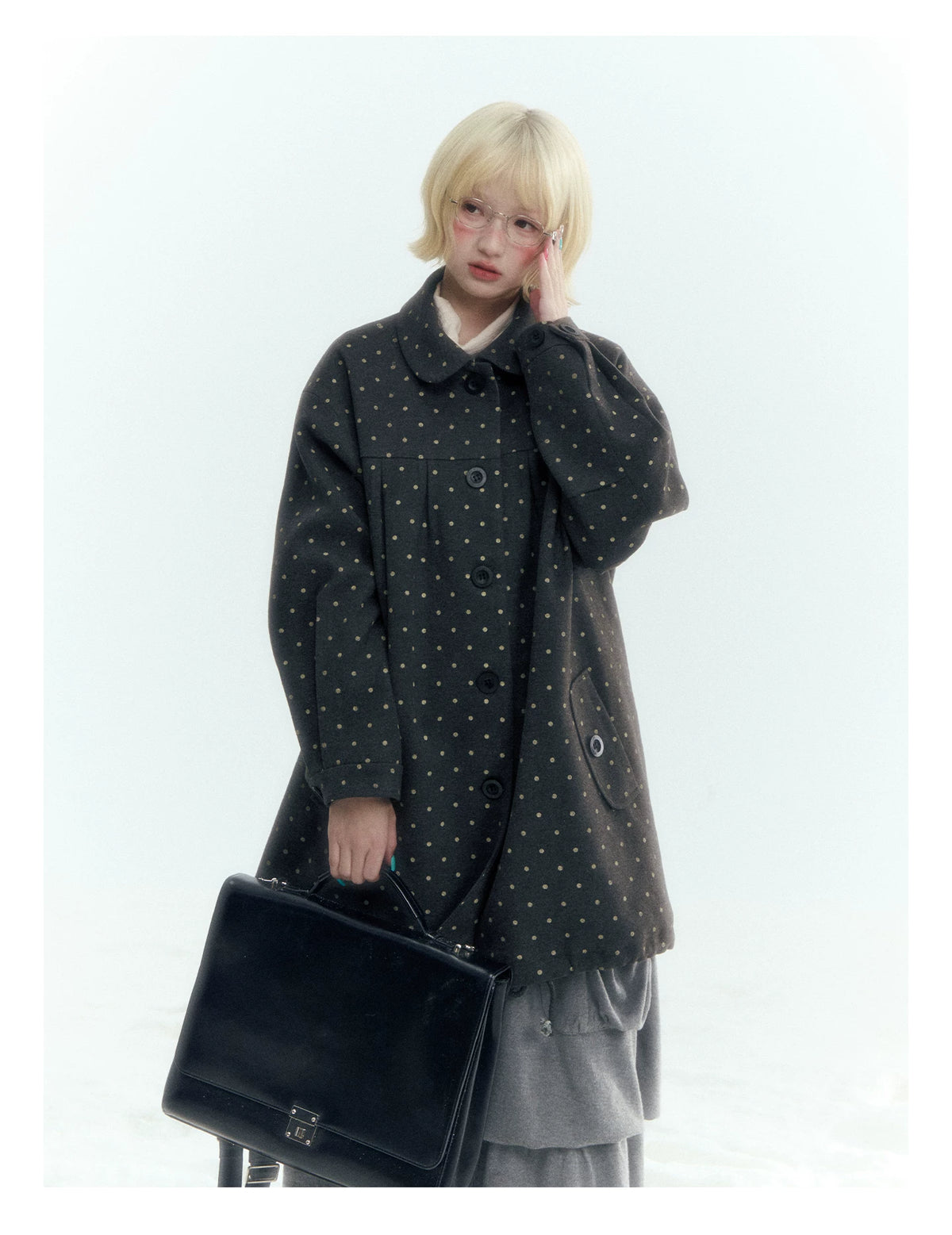Horridale - Peter Pan Collar Pleated Mid-Length Wool-Blend Coat – Gray Polka Dot