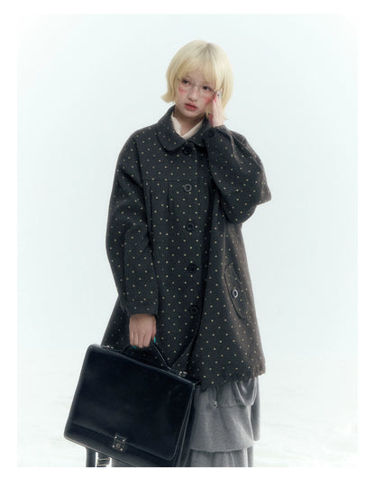 Horridale - Peter Pan Collar Pleated Mid-Length Wool-Blend Coat – Gray Polka Dot