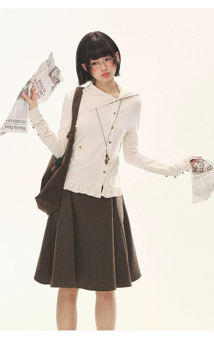 "Cotton Ruffle" Tea Apricot Asymmetric Knit Cardigan