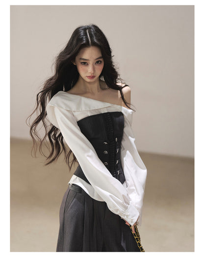 170726 "Where the Sea Breeze Finds Me" Deep Slate Bustier & Pure White Layered Shirt Set