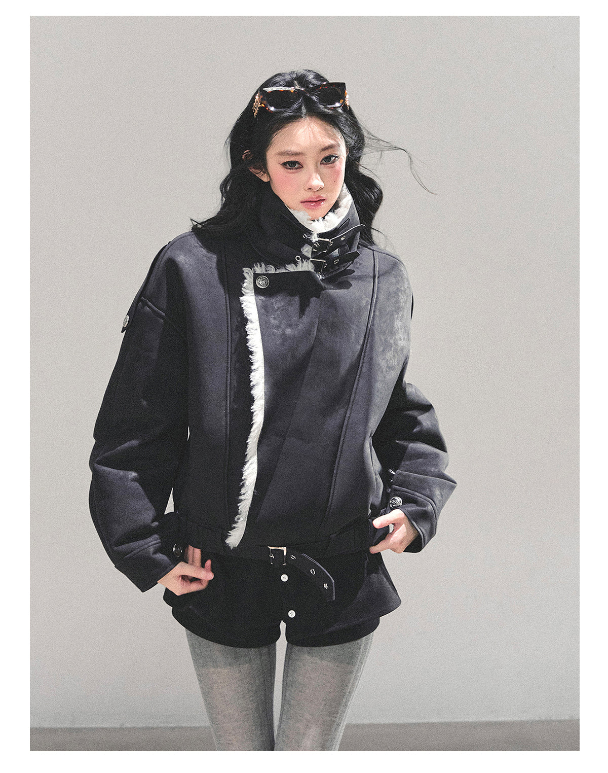 少也眼 "Time’s Hidden Reef" Faux Fur-Lined Cotton Jacket with Belt 8731321